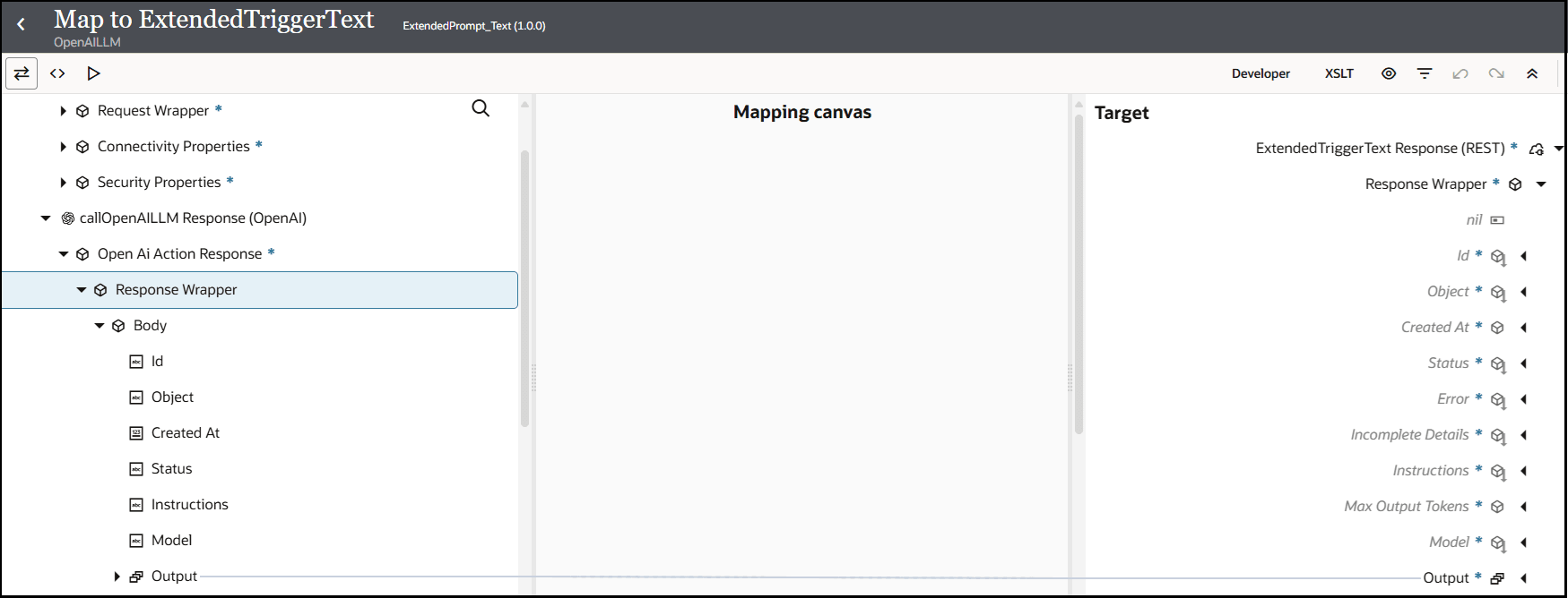 The mapper shows the Sources section, Mapping canvas section, and Target section. The source Response Wrapper element and target Response Wrapper element are expanded.