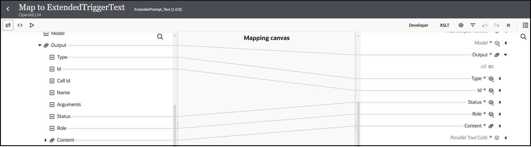 The mapper shows the Sources section, Mapping canvas section, and Target section. The source elements are mapped to the target elements.