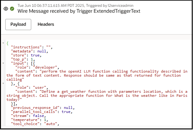 The message sent to the trigger connection is shown. Values are set for the role, content, role, and content parameters.