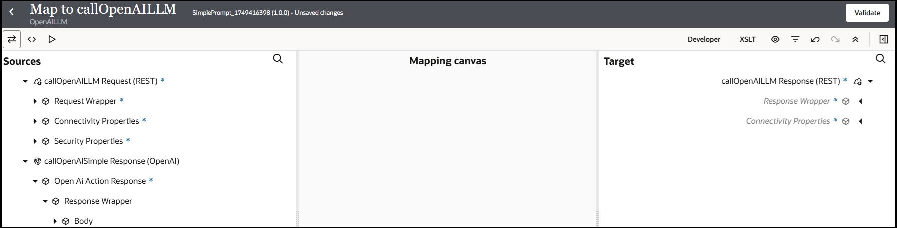 The mapper shows the Sources section, Mapping canvas section, and Target section.
