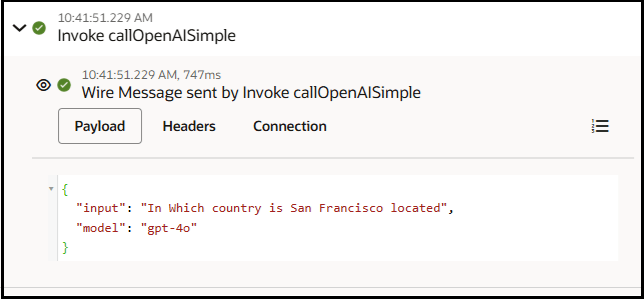 The invoke action is expanded to show the wire message payload sent. Values are set for the input and model parameters.