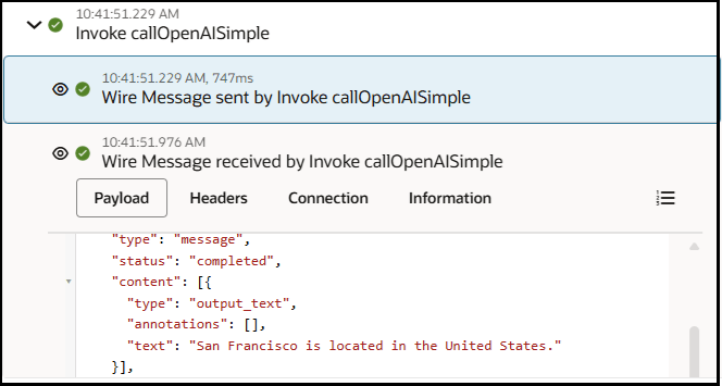 The invoke action is expanded to show the wire message payload received. Values are set for the type, status, content, type, annotation, and text parameters.