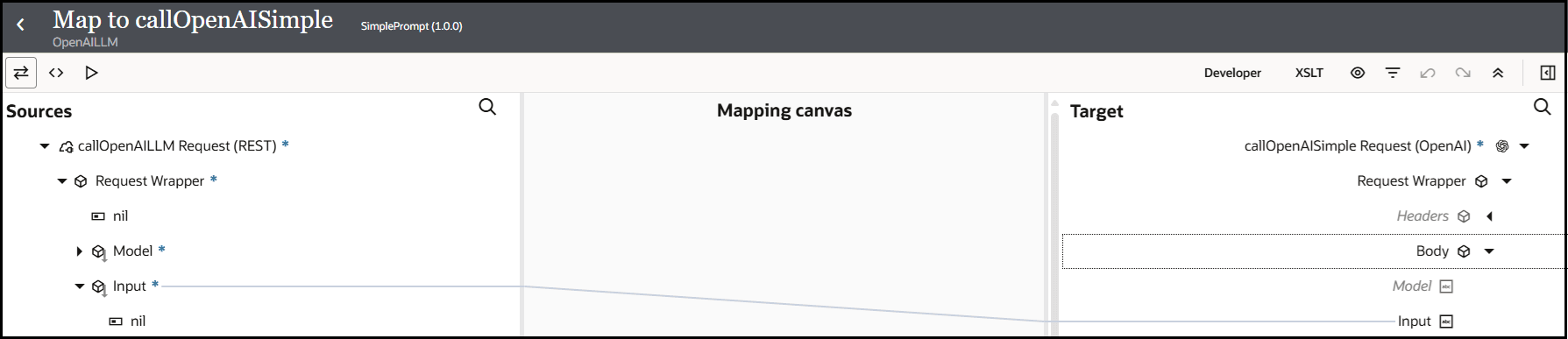 The mapper shows the Sources section, Mapping canvas section, and Target section. The source Input element is mapped to the target Input element.