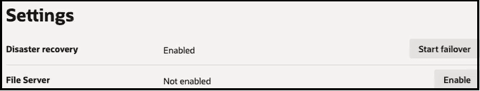The Settings section shows that Disaster recovery is enabled. A Start failover button appears to the right of this. Below this File Service is shown as Not enabled. An Enable button appears to the right of this. The Settings section shows that Disaster recovery is enabled. A Start failover button appears to the right of this. Below this File Service is shown as Not enabled. An Enable button appears to the right of this.