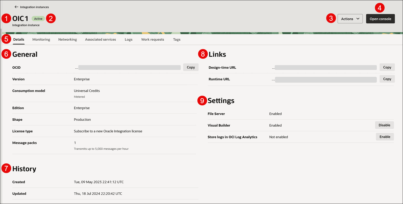 Oracle Cloud Console Integration instance details page (described in table below)