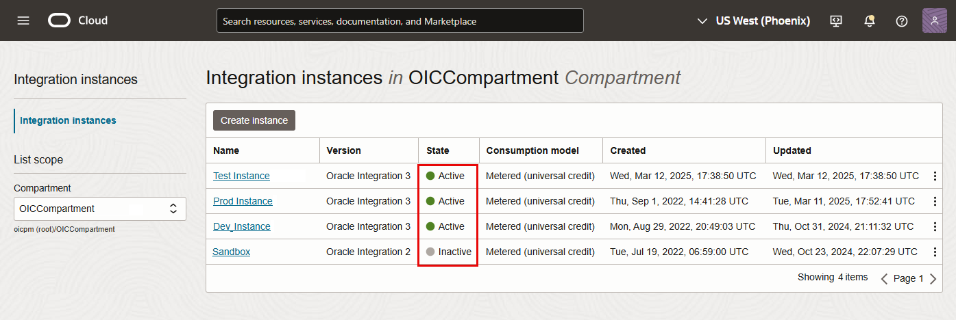List of Oracle Integration instances showing active and inactive status