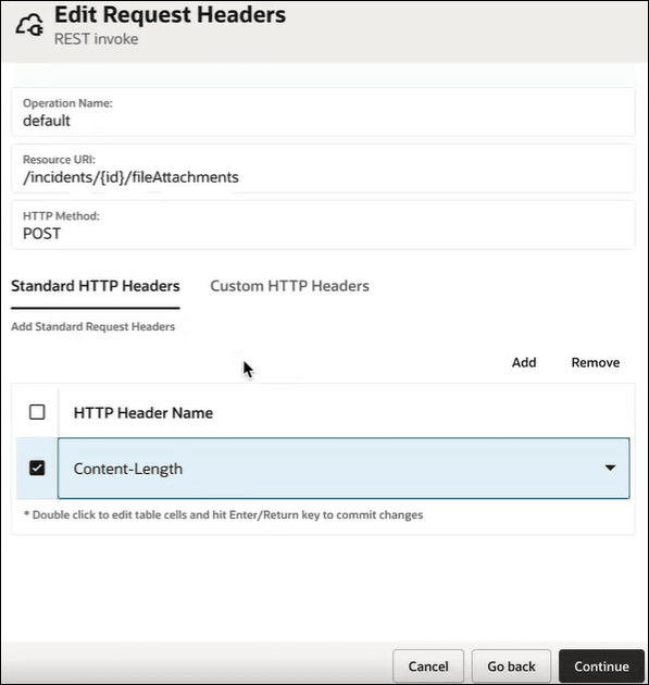 On the Edit Request Headers page, the Standard HTTP Headers tab is selected. Below this, the Content-Length option is selected from the list.