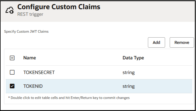 The Configure Custom Claims page shows Add and Remove buttons. Below this is the Names column with values for TOKENSECRET and TOKENID and Data Type column with values of string for both.