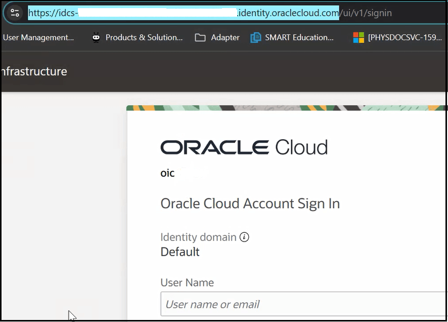 The URL for the Oracle Cloud Account Sign In page is shown. The URL includes a prefix of idcs- at the beginning.