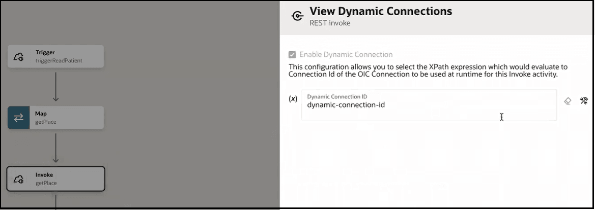 The integration canvas shows a trigger connection, map action, and invoke action. On the right is the View Dynamic Connections page. The Enable Dynamic Connection checkbox is selected. Below this is the Dynamic Connection ID field. The integration canvas shows a trigger connection, map action, and invoke action. On the right is the View Dynamic Connections page. The Enable Dynamic Connection checkbox is selected. Below this is the Dynamic Connection ID field.