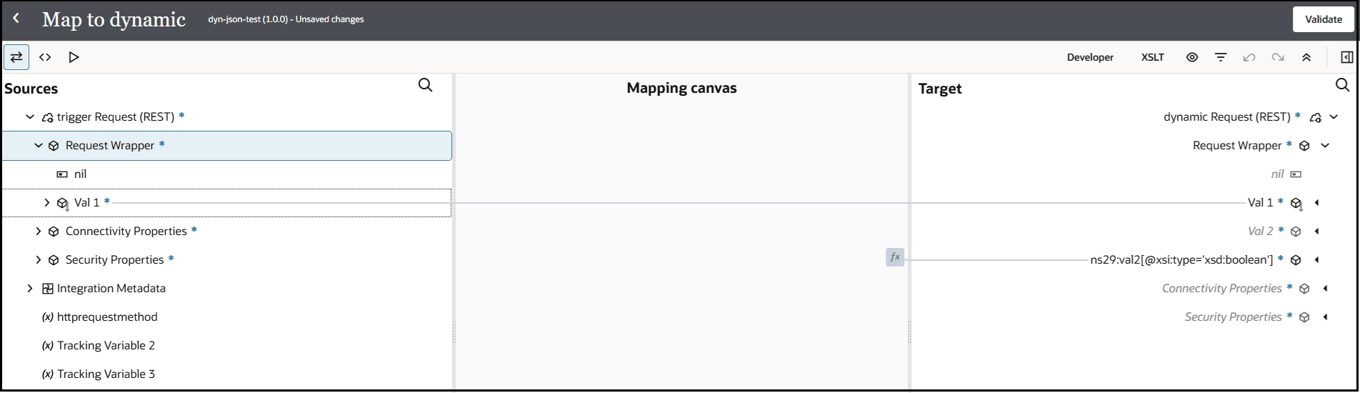The Sources, Mapping canvas, and Target sections of the mapper are shown. The source val1 to target val1 elements are mapped. The Sources, Mapping canvas, and Target sections of the mapper are shown. The source val1 to target val1 elements are mapped.