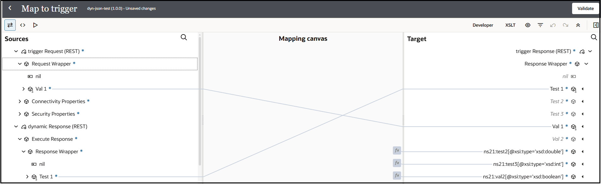 The Sources, Mapping canvas, and Target sections of the mapper are shown. The Val1 and Test1 source elements are mapped to Val1 and Test1 target elements. The Sources, Mapping canvas, and Target sections of the mapper are shown. The Val1 and Test1 source elements are mapped to Val1 and Test1 target elements.