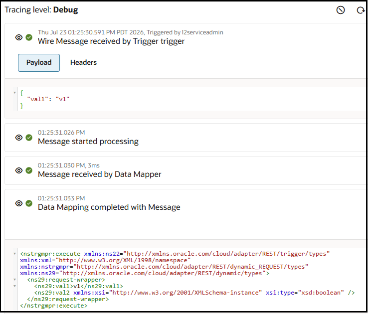 The activity stream is shown. The tracing level is set to debug. The trigger payload that includes Val1 is shown. The data mapping content is shown. Val1 and Val2 are shown in the content. The activity stream is shown. The tracing level is set to debug. The trigger payload that includes Val1 is shown. The data mapping content is shown. Val1 and Val2 are shown in the content.