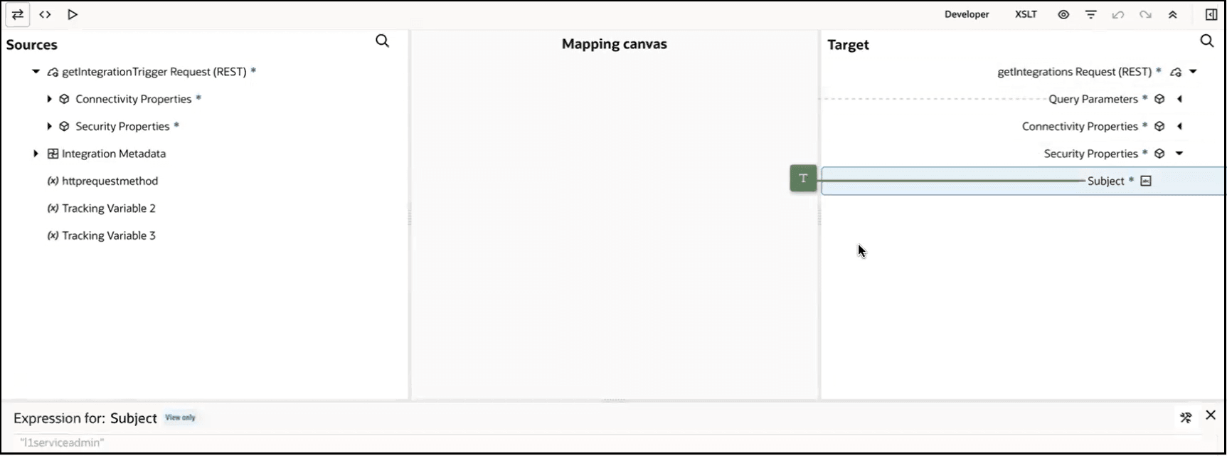 The Sources, Mapping canvas, and Target sections are shown. The Subject target element is shown with a value of l1serviceadmin in the Expression Builder at the bottom of the page.