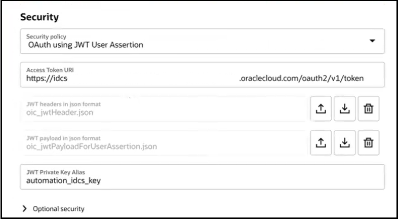 The Security section includes fields for Security policy, Access Token URI, JWT headers in json format, JWT payload in json format, and JWT Private Key Alias. Below this is the Optional security section that can be expanded.