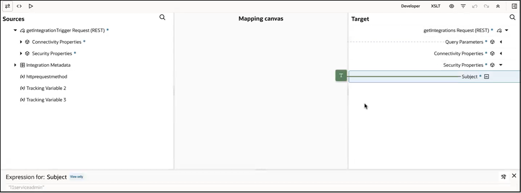 The Sources, Mapping canvas, and Target sections are shown. The Subject target element is shown with a value of l1serviceadmin in the Expression Builder at the bottom of the page.