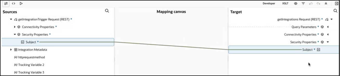 The Sources, Mapping canvas, and Target sections are shown. The Sources Security Properties node and Target Security Properties node have been expanded. A Subject element in the Sources section is mapped to a Subject element in the Target section.