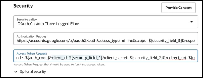 The Security page shows a button for Provide Consent and fields for Security policy, Authorization Request, and Access Token Request. Below this is an Optional security section that can be expanded.