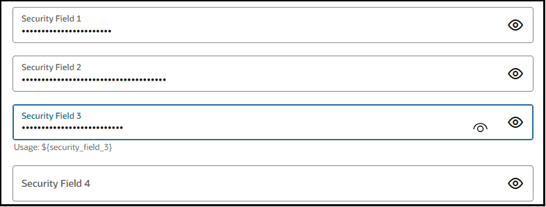 The Security Field 1, Security Field 2, Security Field 3, and Security Field 4 fields are shown. The first three fields show obfuscated values.