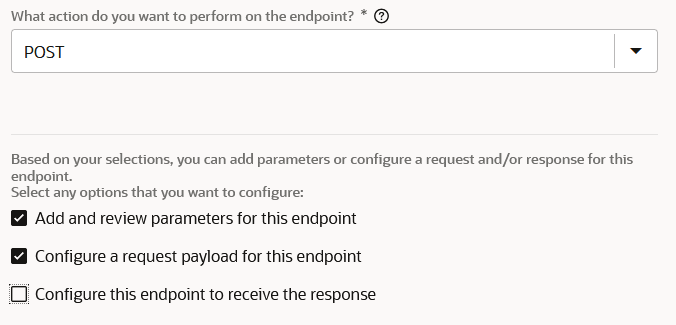 The POST verb is selected as the action to perform on the endpoint. Below this, the Configure a request payload for this endpoint and Add and review parameters for this endpoint options are selected.