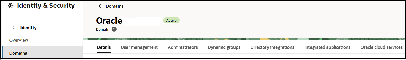 The Domains tab in the Identity & Security navigation pane is selected. The menu bar shows links for Details, User management, Administrators, Dynamic groups, Directory integrations, Integrated applications, and Oracle cloud services.