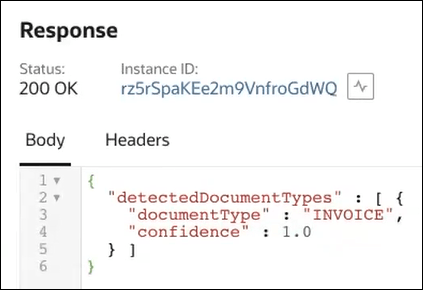 The Response section shows the Status value of 200 OK, the Instance ID, and tabs for Body (which is selected) and Headers. The body code is shown.