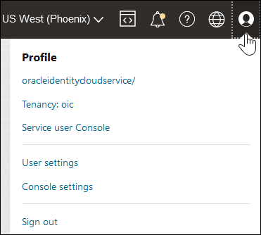 The Profile icon is selected to show the Profile menu. This menu includes links for oracleidentitycloudservice/, Tenancy, Service user Console, User settings, Console settings, and sign out.