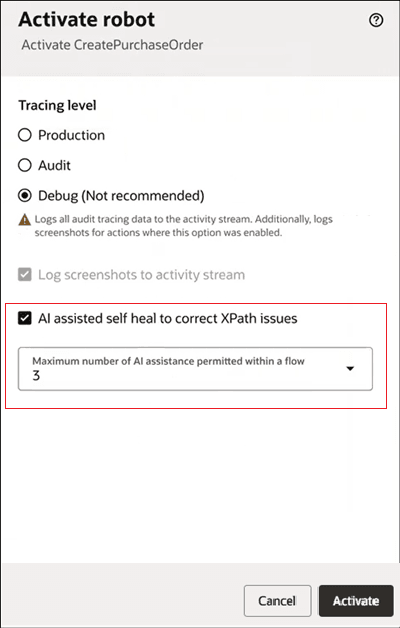 Activate robot with AI-assisted self-heal