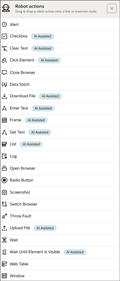 Robot actions with AI-assisted self-heal option