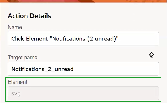 In the Action Details panel, which appears after you target an element, the Element field shows svg