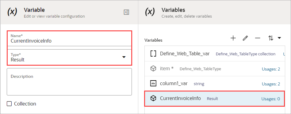 The CurrentInvoiceInfo variable is of the Result data type The CurrentInvoiceInfo variable is of the Result data type
