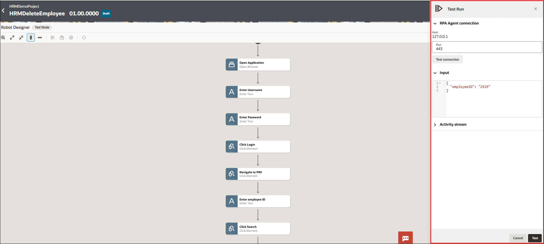 Verify the RPA Agent connection details, test the connection and enter the input value