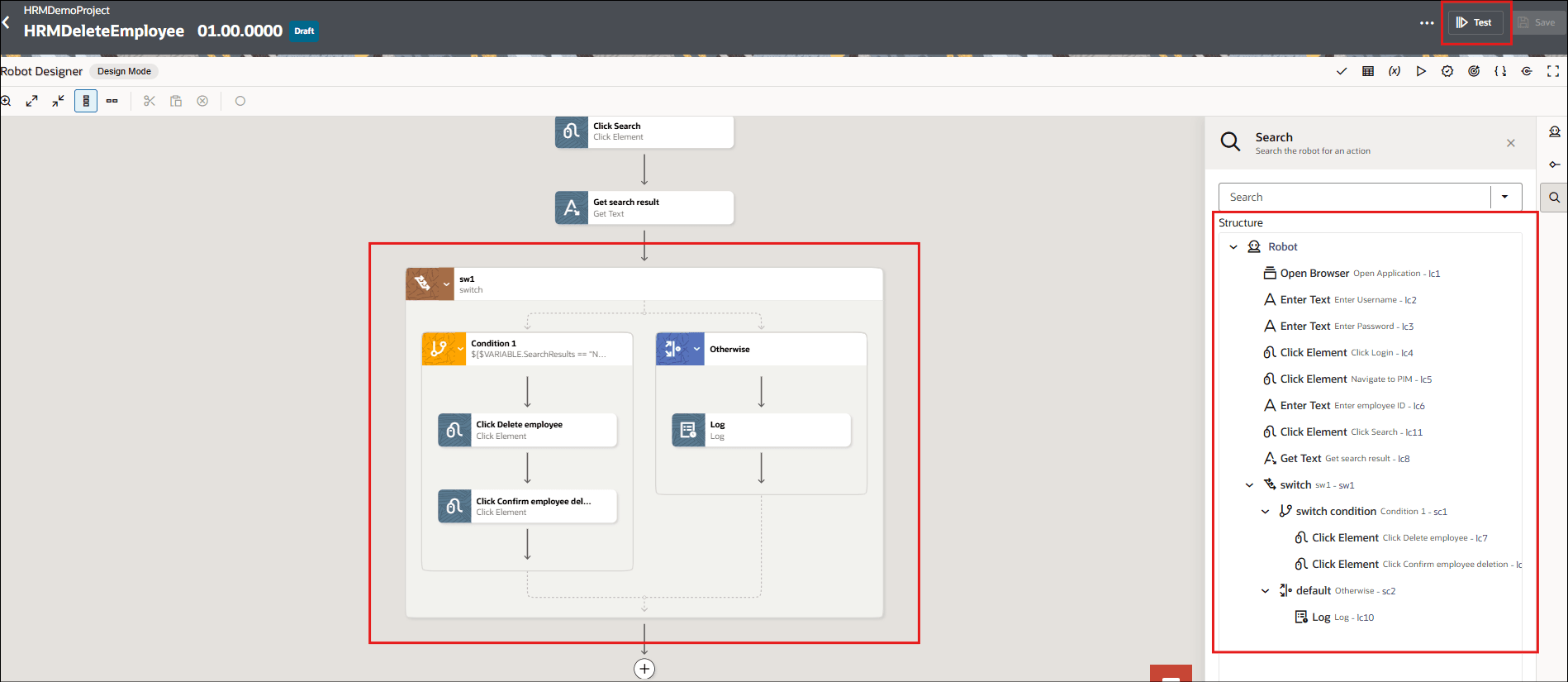 Example robot for searching and deleting an employee record in a HRM system