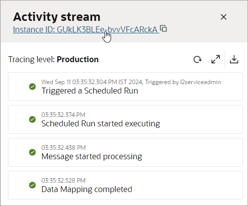 The integration's instance ID appears at the top of the Activity stream panel The integration's instance ID appears at the top of the Activity stream panel