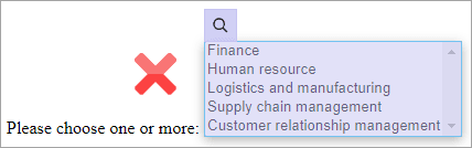 The box for a multi-select dropdown list is shaded purple, and a magnifying lens icon appears above it The box for a multi-select dropdown list is shaded purple, and a magnifying lens icon appears above it