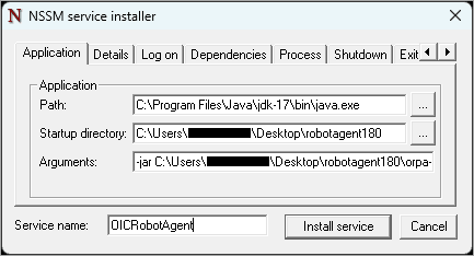 Sample values for the Application tab. Path: C:\Program Files\Java\jdk-17\bin\java.exe. Startup directory: C:\Users\username\Desktop\robotagent180. Arguments: -jar C:\Users\username\Desktop\robotagent180\orpa-agent-0.1.80.jar. Service name: Sample values for the Application tab. Path: C:\Program Files\Java\jdk-17\bin\java.exe. Startup directory: C:\Users\username\Desktop\robotagent180. Arguments: -jar C:\Users\username\Desktop\robotagent180\orpa-agent-0.1.80.jar. Service name: