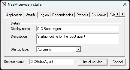 Sample values for the Details tab. Display name: OIC Robot Agent. Description: Startup routing for the robot agent. Sample values for the Details tab. Display name: OIC Robot Agent. Description: Startup routing for the robot agent.