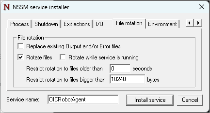 Sample values for the File rotation tab: Rotate files is selected, and the value for Restrict rotation to files bigger than is 10240. Sample values for the File rotation tab: Rotate files is selected, and the value for Restrict rotation to files bigger than is 10240.