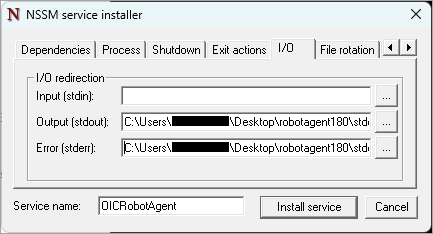 Sample values for the I/O tab. Output (stdout): C:\Users\username\Desktop\robotagent180\stdout. Error (stderr): C:\Users\username\Desktop\robotagent180\stderr Sample values for the I/O tab. Output (stdout): C:\Users\username\Desktop\robotagent180\stdout. Error (stderr): C:\Users\username\Desktop\robotagent180\stderr