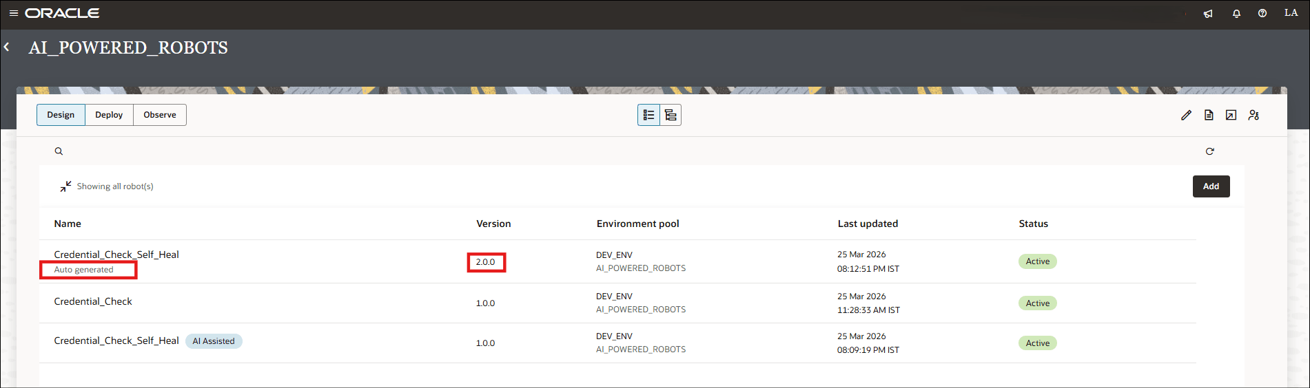 A new robot version is created with the Auto generated label.