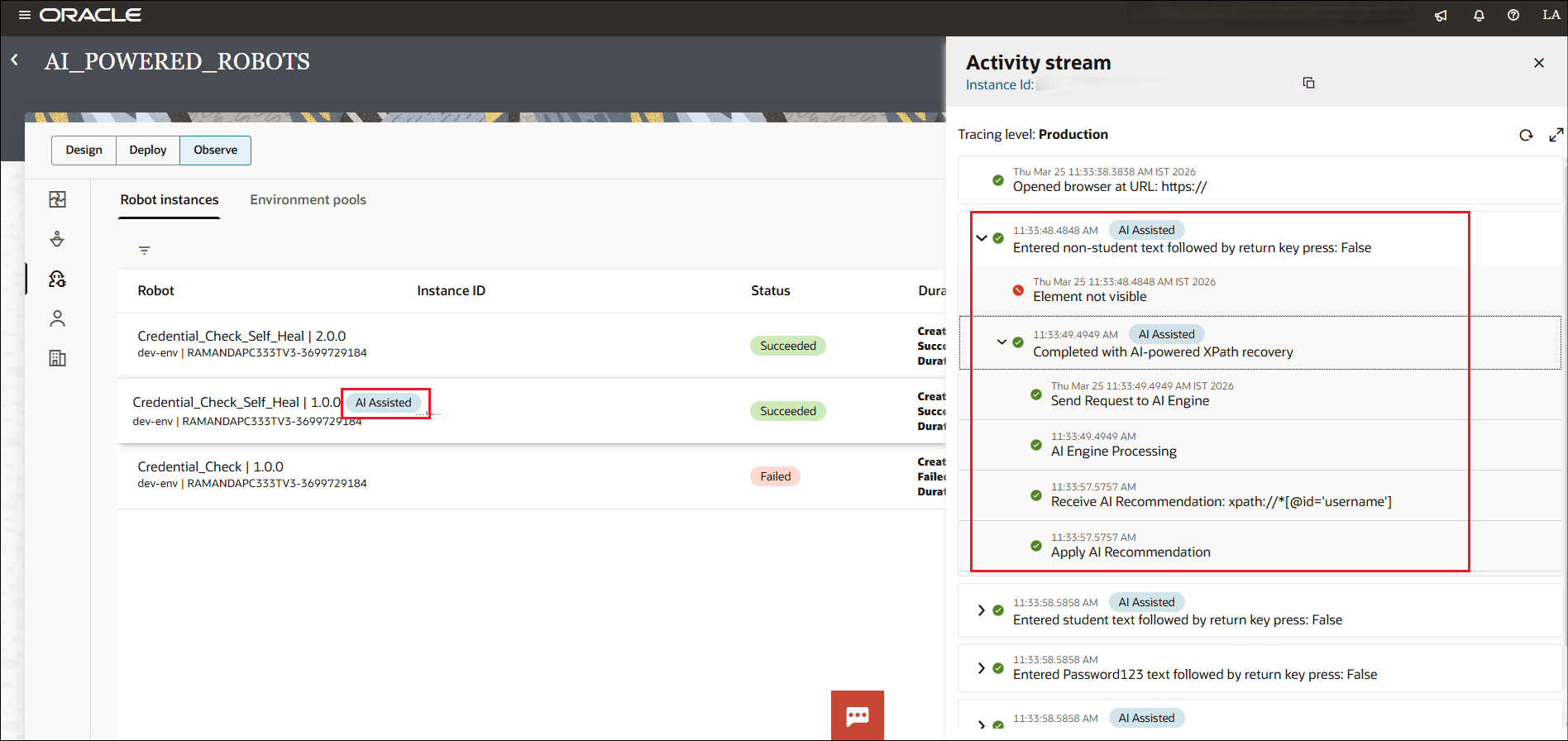 AI-assisted self-heal robot activity stream with corrections