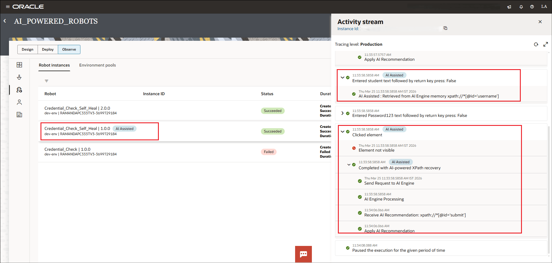 AI-assisted self-heal robot activity stream with corrections