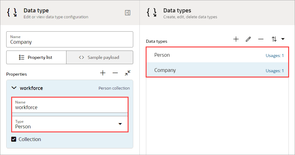 Two data types appear: Person and Company. The Company data type has a property of workforce, which is of the data type Person. Two data types appear: Person and Company. The Company data type has a property of workforce, which is of the data type Person.