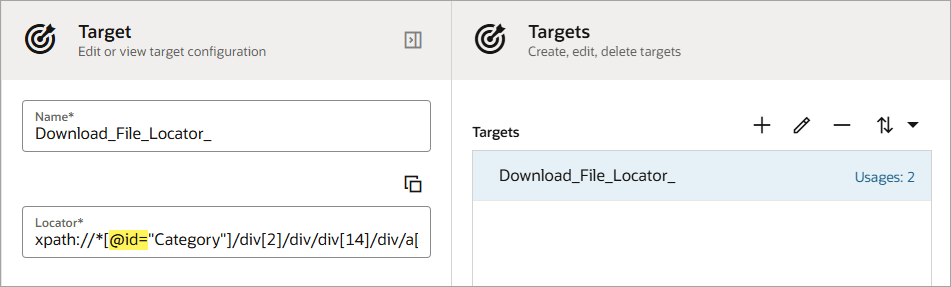 The Targets panel is open and expanded to show the details for a specific target. The Locator field for the target contains the @id= text string