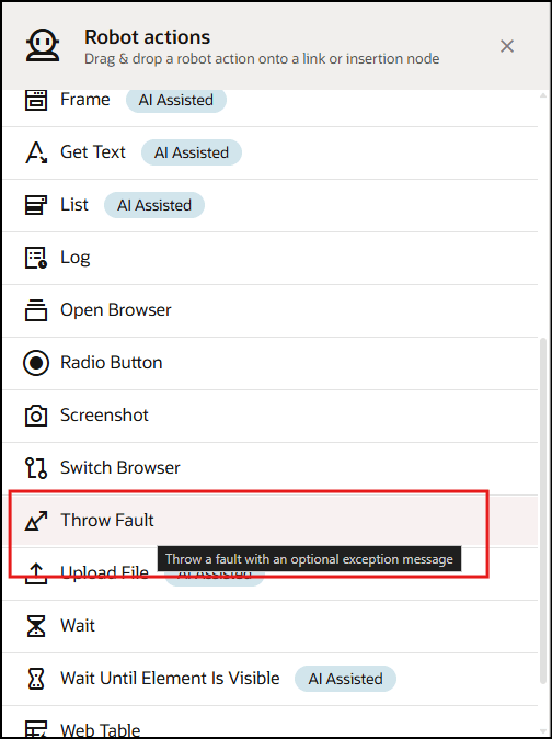 Throw Fault action Throw Fault action