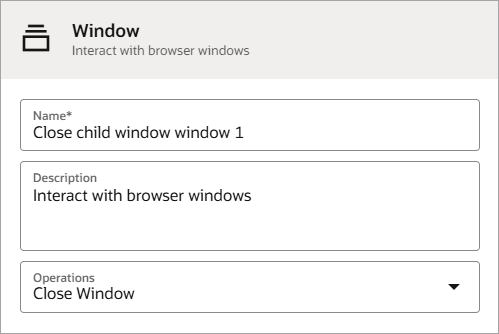 The dialog for defining a window action appears. The Name is Close child window 1. The Operation is Close Window.