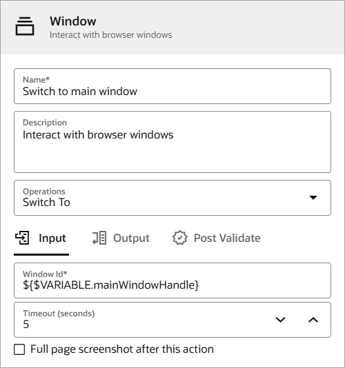 The dialog for defining a window action appears. The Name is Switch to main window. The Operation is Switch To. The Window Id is ${$VARIABLE.mainWindowHandle}. The Timeout is 5.