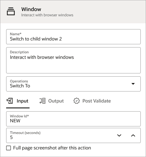 The dialog for defining a window action appears. The Name is Open child window 2. The Operation is Switch To. The Window Id is NEW. The Timeout is 5.
