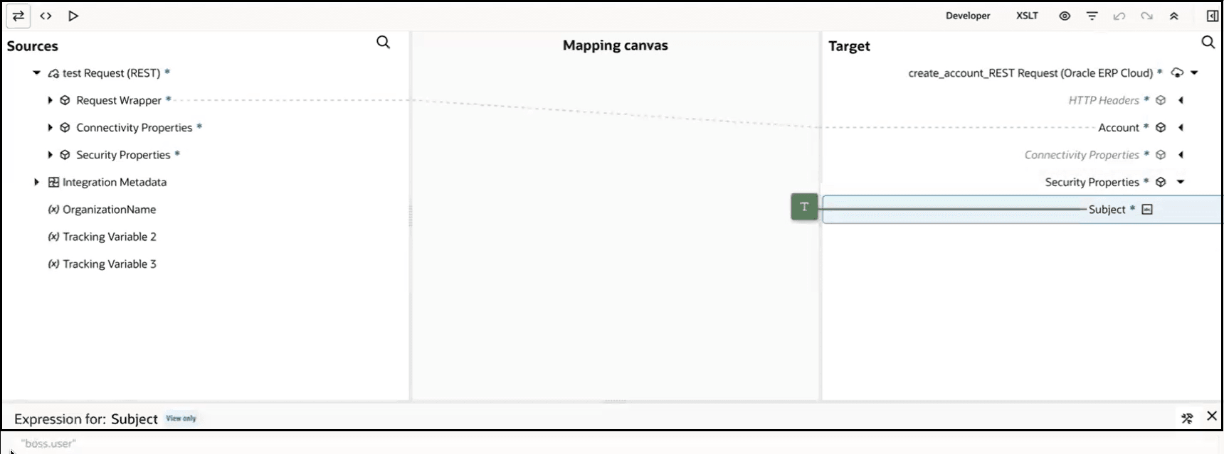 The Sources, Mapping canvas, and Target sections are shown. Request Wrapper is mapped to Account. The target Subject element is defined with a literal value of boss.user.