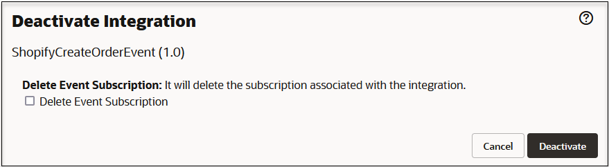 This image shows the Deactivate Integration. The integration name and version number are shown. Below that the Delete Event Subscription checkbox is shown. A help icon appears in the upper right. The Cancel and Deactivate buttons appear in the lower right.